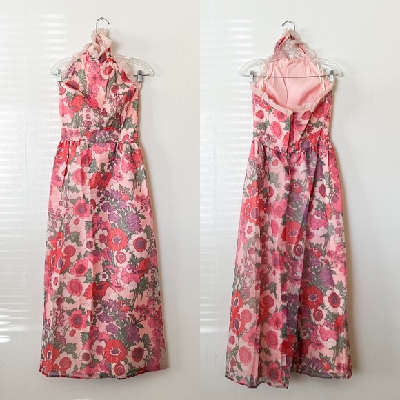 Vintage Dresses & Skirts - Vintage Pink Retro Floral Halter Maxi Dress